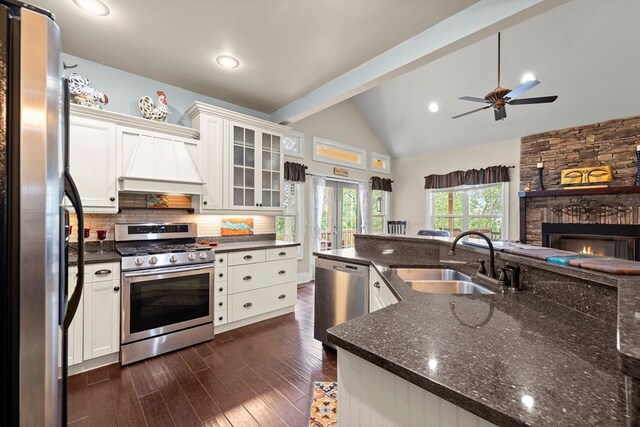 kitchen featuring sink, a fireplace, appliances with stainless steel finishes, tasteful backsplash, and ceiling fan