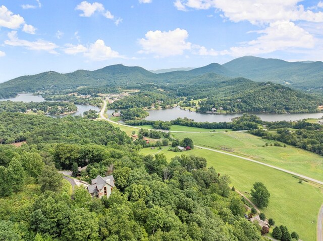 drone / aerial view featuring a water and mountain view