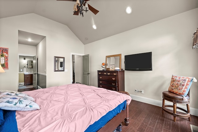 bedroom with ceiling fan, lofted ceiling, dark hardwood / wood-style flooring, and ensuite bath