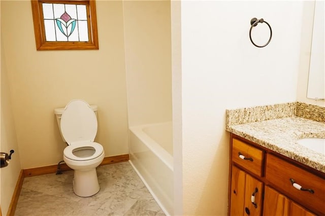 full bathroom with vanity, a shower, toilet, baseboards, and a tub to relax in
