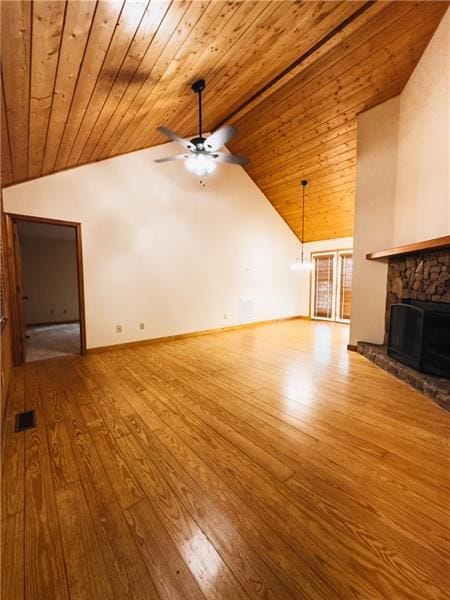 unfurnished living room featuring a ceiling fan, wood ceiling, wood finished floors, and a fireplace