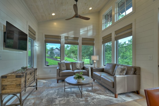 sunroom with wooden ceiling, ceiling fan, and lofted ceiling