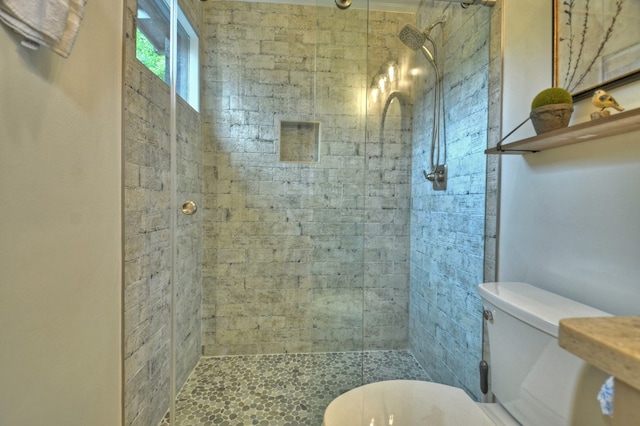 bathroom with a tile shower and toilet