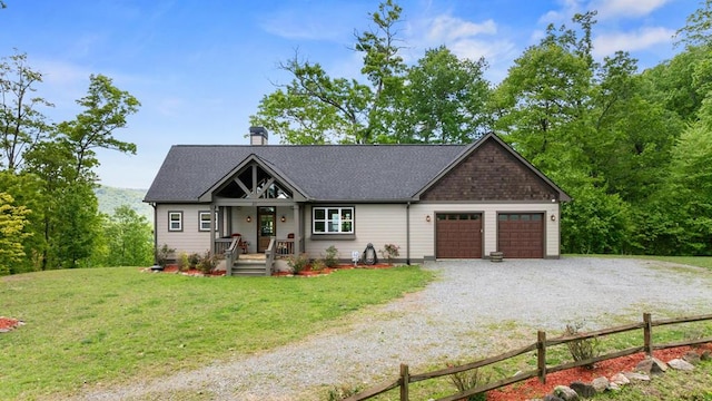 view of front of property featuring gravel driveway, an attached garage, a chimney, and a shingled roof