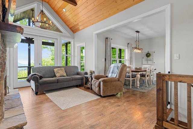 living room featuring a chandelier, wood finished floors, high vaulted ceiling, beamed ceiling, and wood ceiling