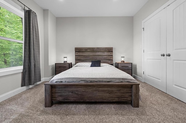 bedroom with carpet flooring, baseboards, and a closet