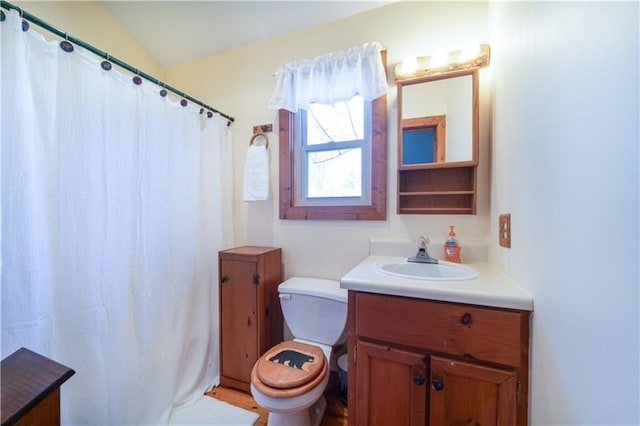 bathroom with toilet, vanity, and lofted ceiling