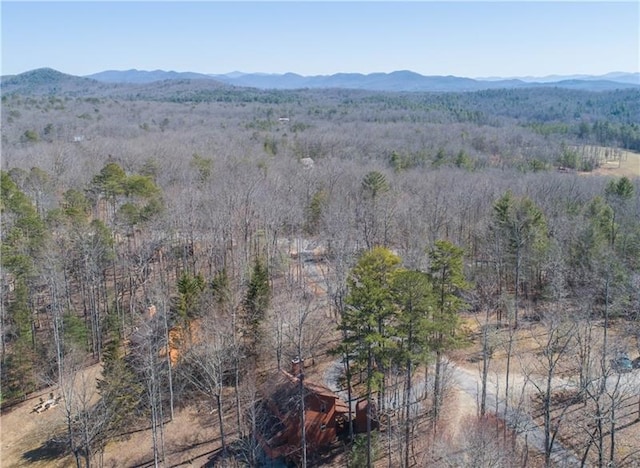 drone / aerial view featuring a forest view and a mountain view