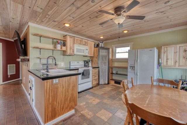 kitchen with visible vents, a sink, dark countertops, white appliances, and wood ceiling