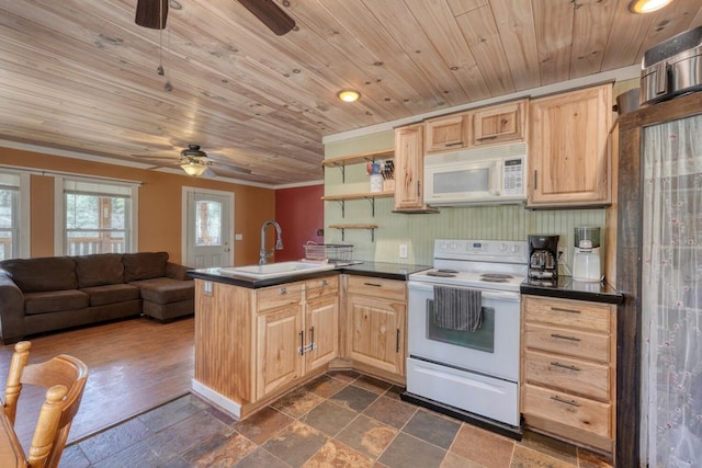 kitchen with light brown cabinets, a sink, white appliances, wooden ceiling, and ceiling fan