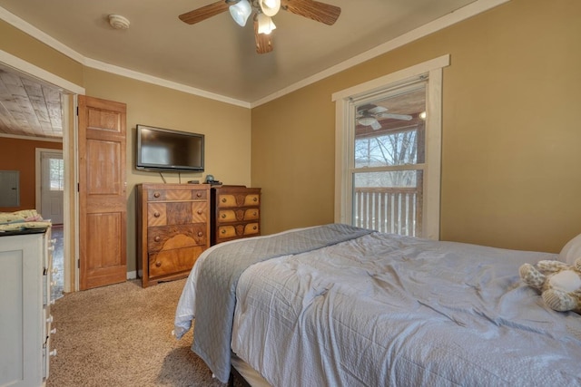 bedroom featuring crown molding, electric panel, carpet, and ceiling fan