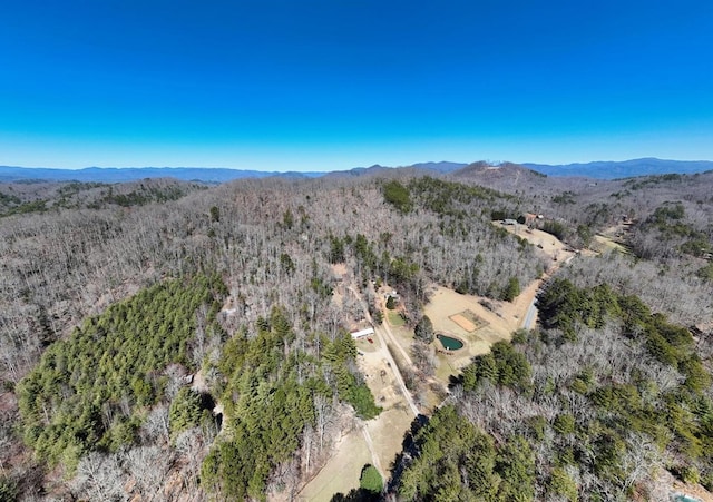 drone / aerial view featuring a mountain view and a wooded view
