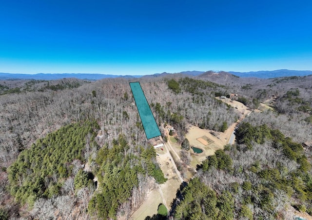 drone / aerial view with a mountain view and a view of trees