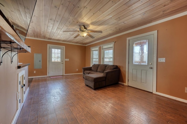 entrance foyer featuring hardwood / wood-style floors, baseboards, electric panel, crown molding, and wooden ceiling