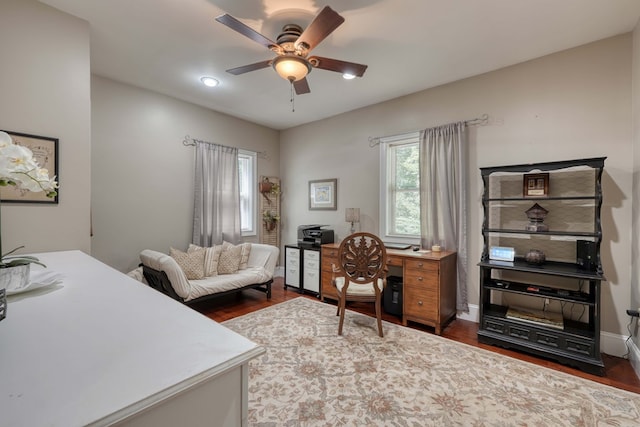 office space featuring dark hardwood / wood-style floors and ceiling fan