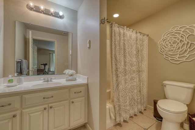 full bathroom with toilet, vanity, tile patterned floors, and shower / bath combo with shower curtain