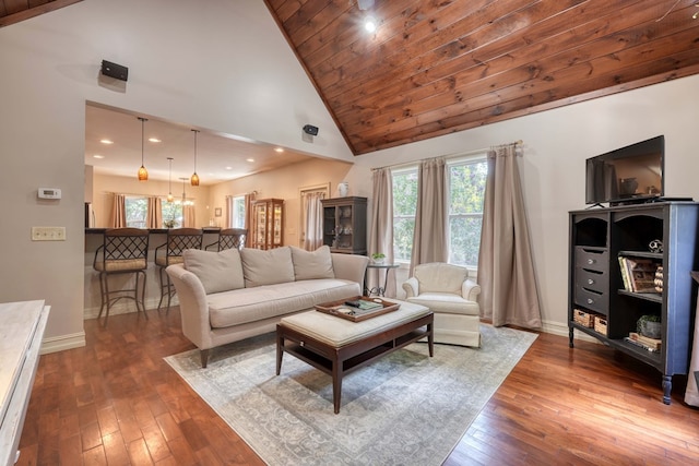 living room featuring wood ceiling, high vaulted ceiling, and wood-type flooring