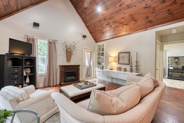 living room with high vaulted ceiling, built in features, wood-type flooring, and wood ceiling