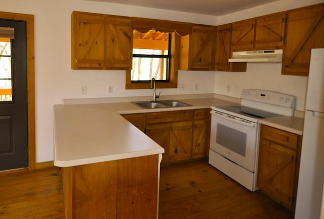 kitchen featuring kitchen peninsula, white appliances, dark wood-type flooring, and sink