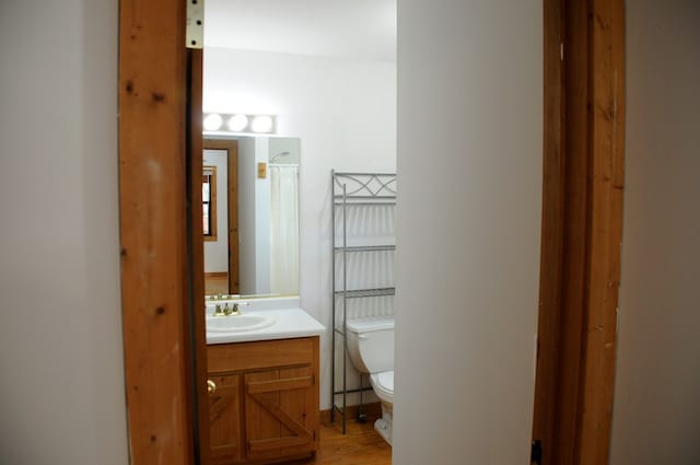 bathroom with hardwood / wood-style floors, vanity, and toilet