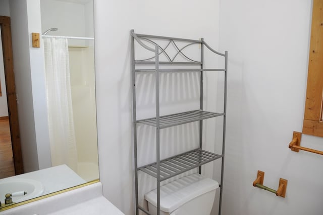 bathroom with vanity, curtained shower, and toilet