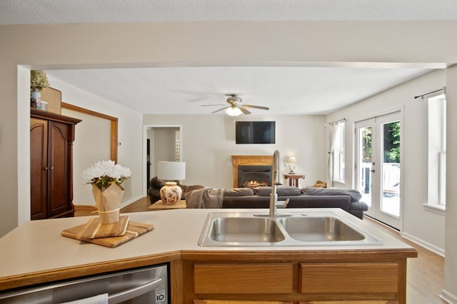 kitchen with light hardwood / wood-style floors, sink, and ceiling fan