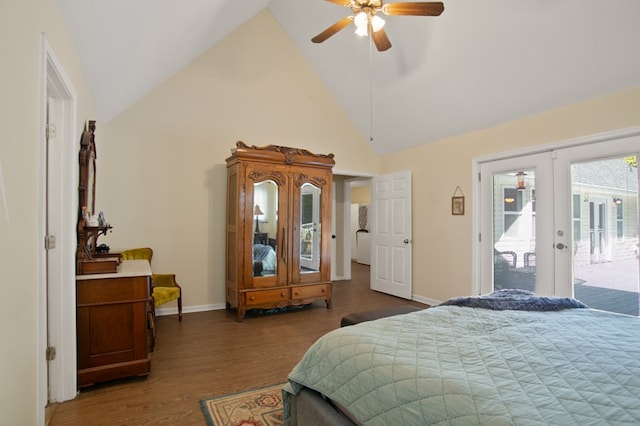 bedroom featuring french doors, access to exterior, high vaulted ceiling, and ceiling fan