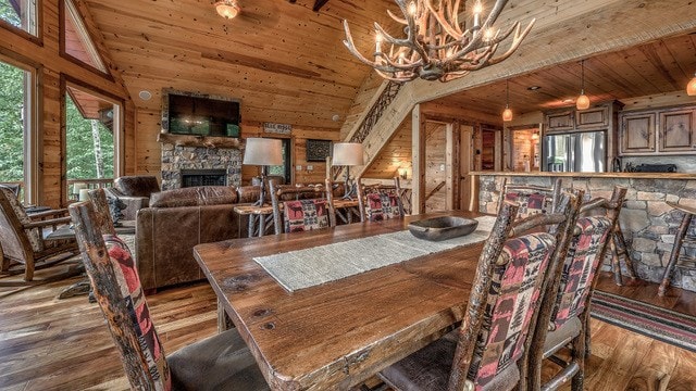 dining space with wood-type flooring, a chandelier, lofted ceiling, a fireplace, and wooden walls