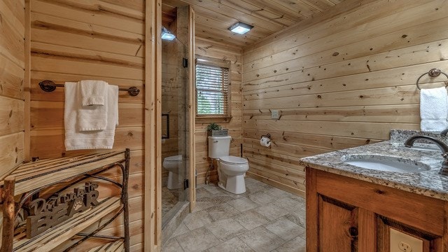 bathroom with vanity, wood ceiling, wood walls, toilet, and a shower with door