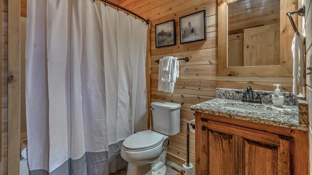 bathroom featuring wood ceiling, wood walls, vanity, and toilet