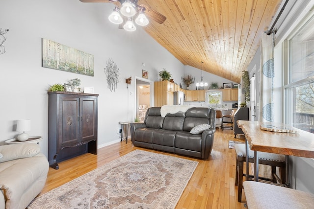 living area with baseboards, wood ceiling, vaulted ceiling, light wood-style flooring, and a ceiling fan