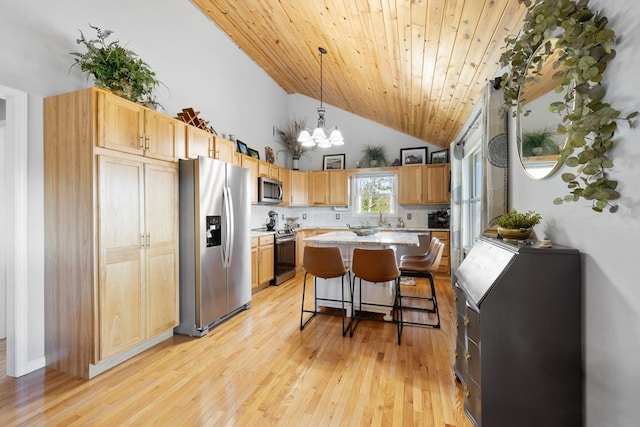 kitchen featuring a breakfast bar, stainless steel appliances, wood ceiling, light wood-style floors, and a chandelier