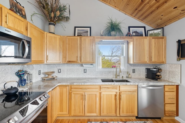 kitchen with a sink, lofted ceiling, tasteful backsplash, and appliances with stainless steel finishes