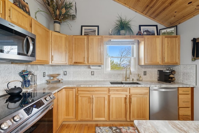 kitchen with a sink, tasteful backsplash, appliances with stainless steel finishes, wood ceiling, and vaulted ceiling