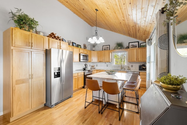 kitchen with light brown cabinets, wood ceiling, a kitchen bar, light wood-style flooring, and stainless steel appliances