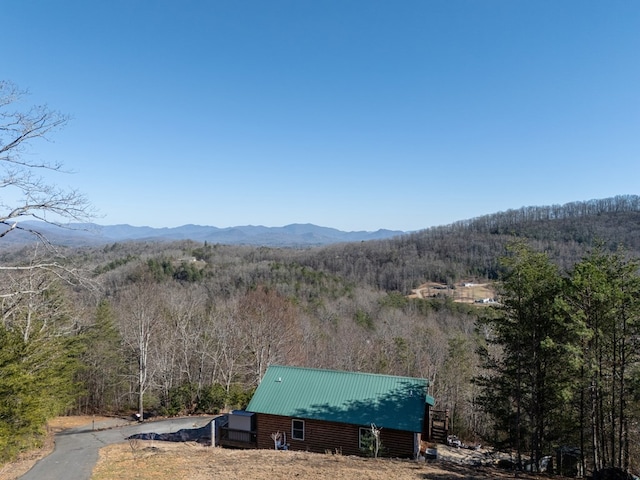 view of mountain feature with a wooded view