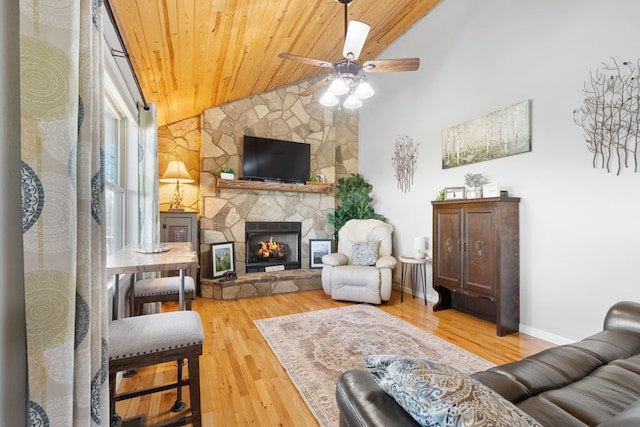 living area with wood finished floors, lofted ceiling, a fireplace, ceiling fan, and wood ceiling