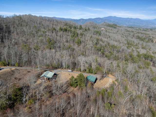 birds eye view of property with a mountain view and a view of trees