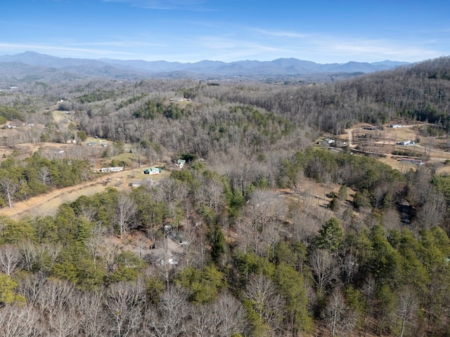 drone / aerial view featuring a mountain view and a wooded view