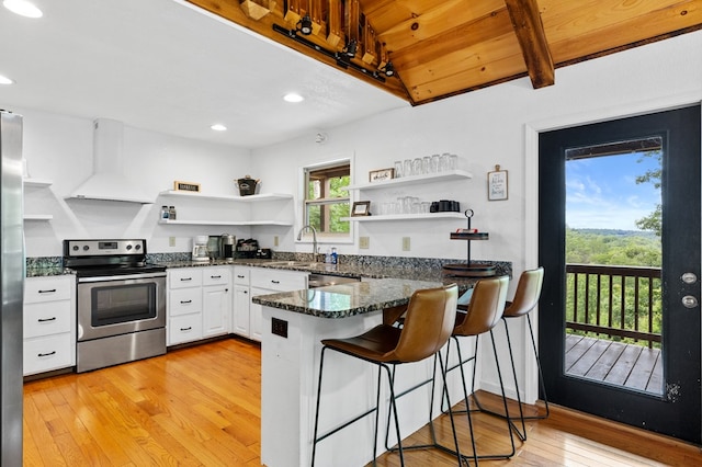 kitchen featuring light hardwood / wood-style floors, white cabinetry, electric stove, and premium range hood