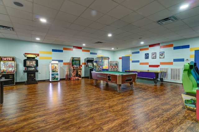 rec room with pool table and dark hardwood / wood-style flooring