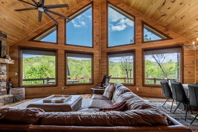 living room with high vaulted ceiling, wood walls, wooden ceiling, and ceiling fan