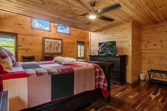 bedroom with wood-type flooring, lofted ceiling, wood ceiling, wood walls, and ceiling fan