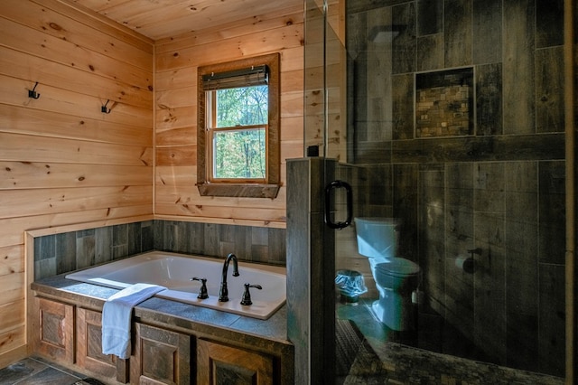 bathroom with toilet, wood walls, independent shower and bath, and wooden ceiling