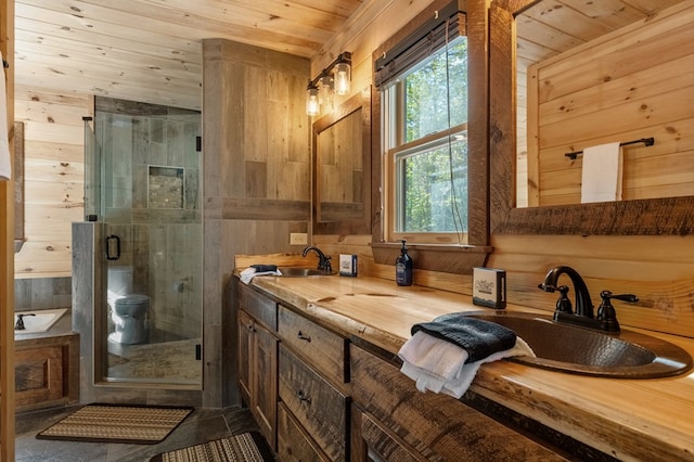 full bathroom with wood walls, a wealth of natural light, and wooden ceiling