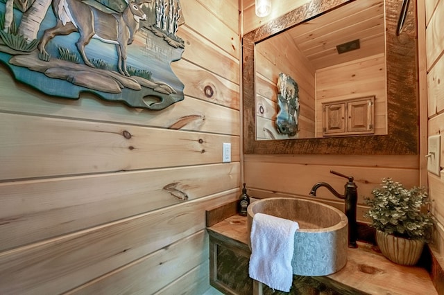 bathroom featuring wood walls