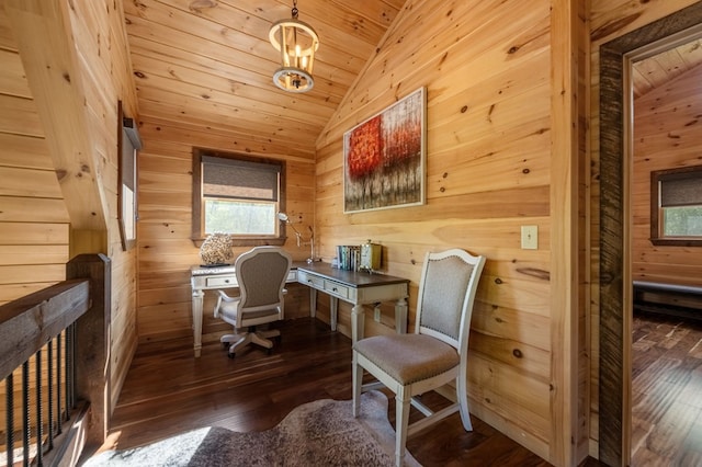 office featuring dark hardwood / wood-style flooring, vaulted ceiling, and wooden ceiling