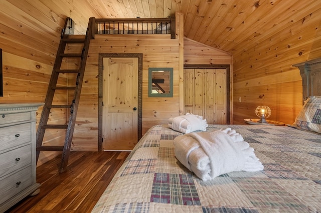 unfurnished bedroom featuring wood walls, wood ceiling, vaulted ceiling, and dark hardwood / wood-style floors