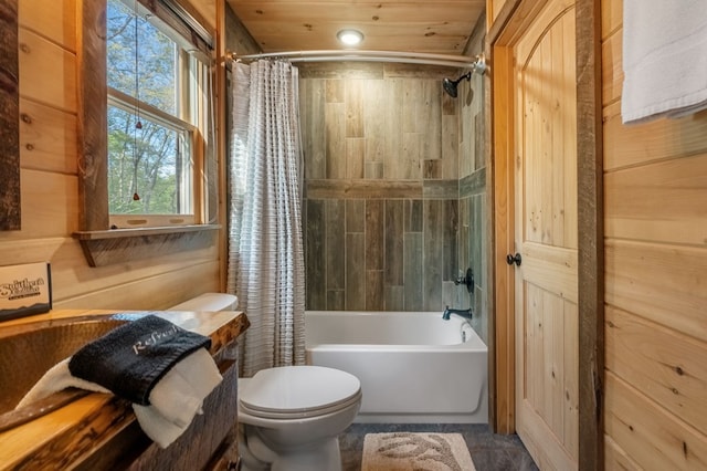 bathroom with shower / tub combo with curtain, wood ceiling, and toilet