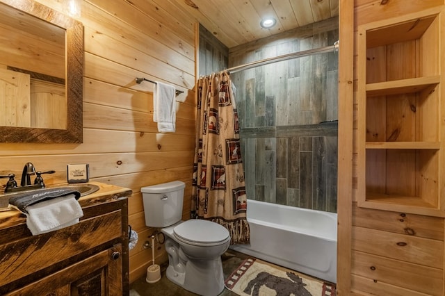 full bathroom with toilet, wood ceiling, wood walls, vanity, and shower / tub combo with curtain